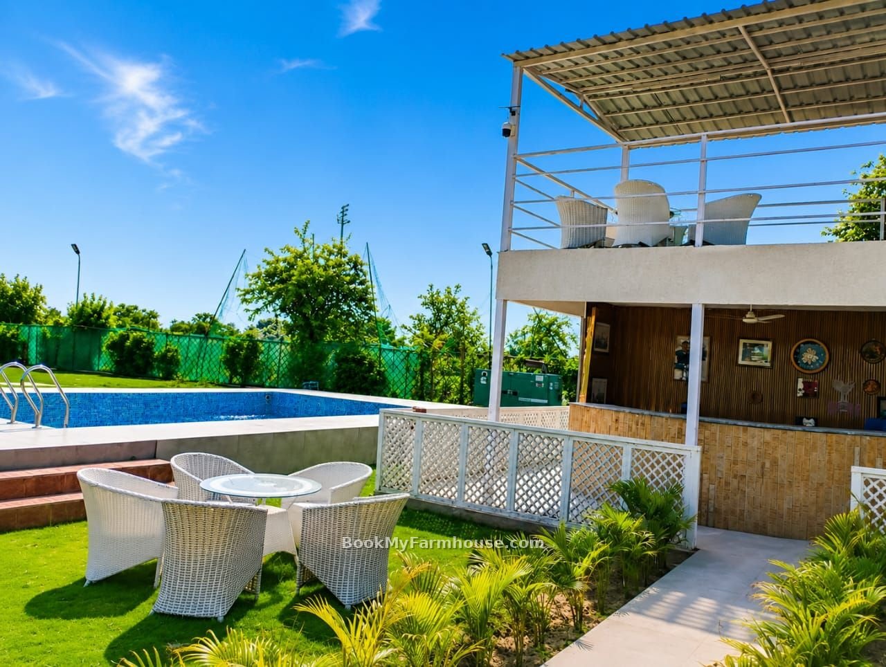 BMF Anand private farmhouse in Noida, poolside seating bar