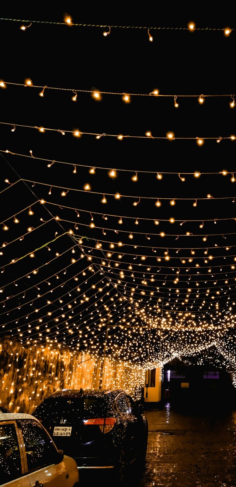 String lights over an outdoor party
