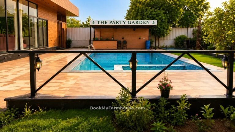 The Party Garden private farmhouse in Noida, Party Garden sign and pool