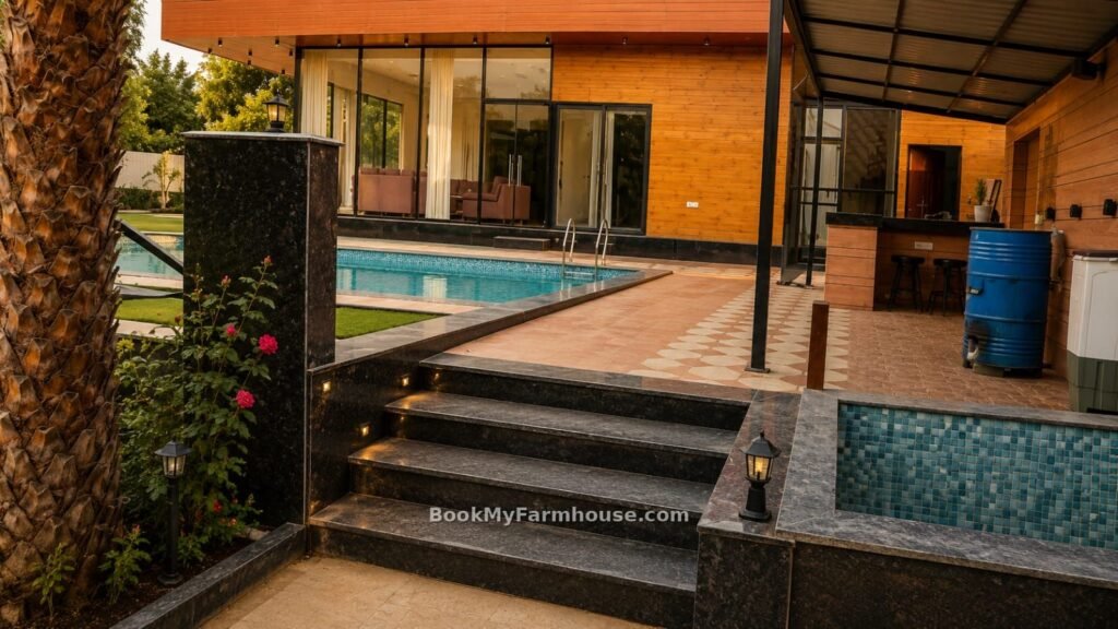 The Party Garden private farmhouse in Noida, pool steps evening