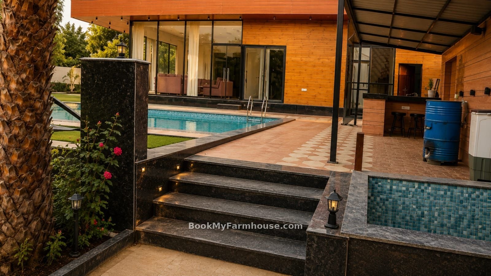 The Party Garden private farmhouse in Noida, pool steps evening